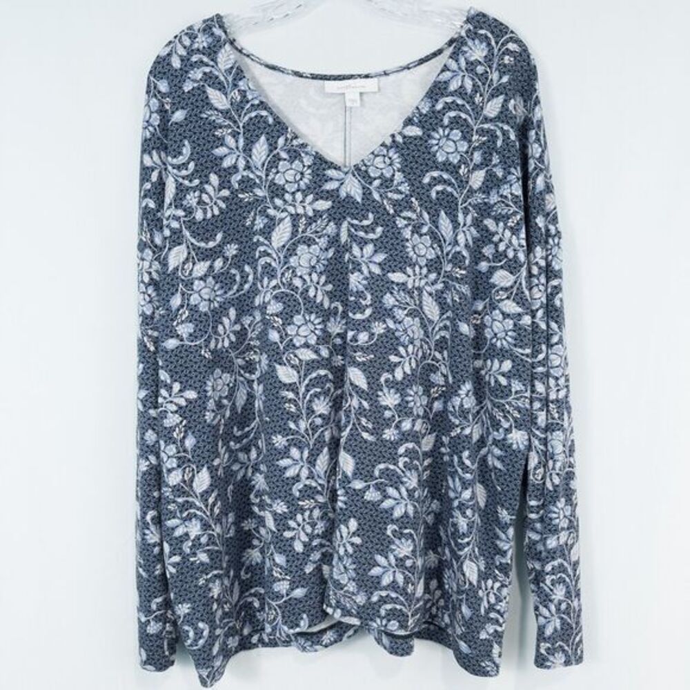 J Jill Pure Jill Womens Eco Terry Floral V Neck Long Sleeve Top Size XL Blue